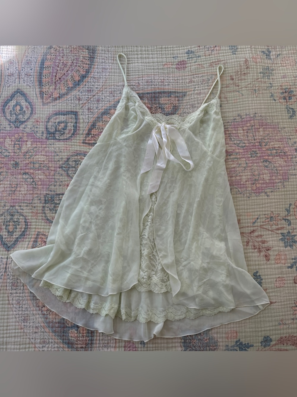 Vintage Victoria’s Secret Lime Green Babydoll Slip Sheer Lace Waterfall Front M